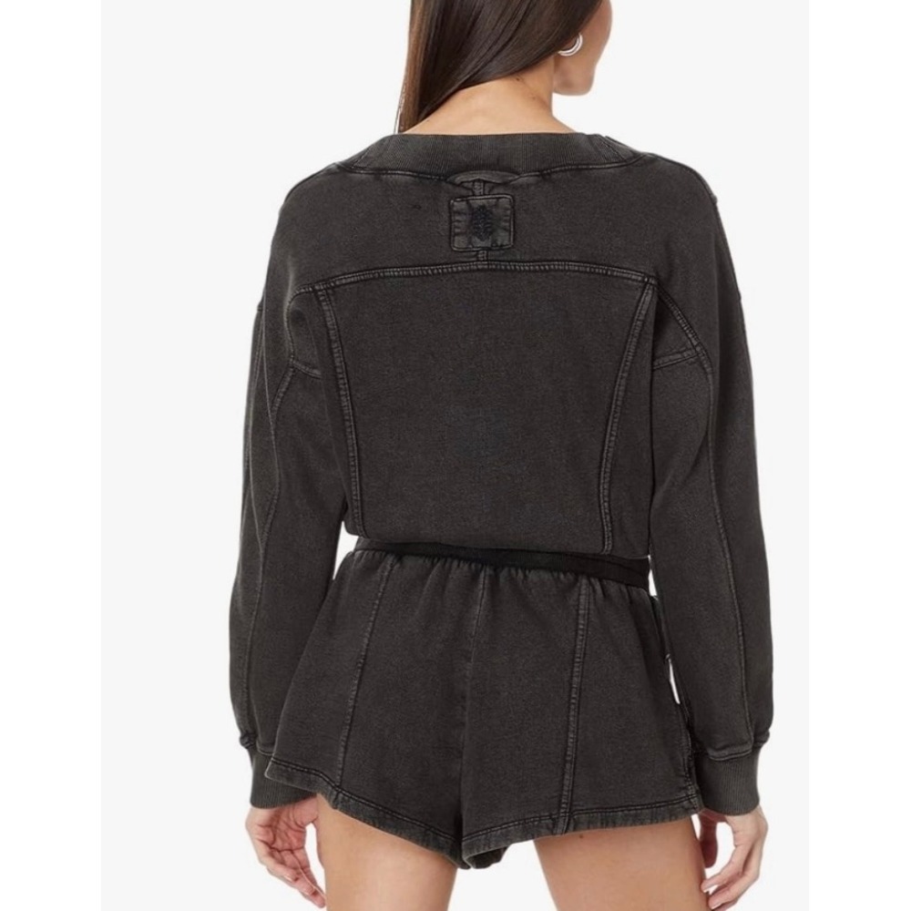 NWT $128 Free People Black Washed V Neck Drawstring Romper Jumpsuit Size L - Picture 8 of 10